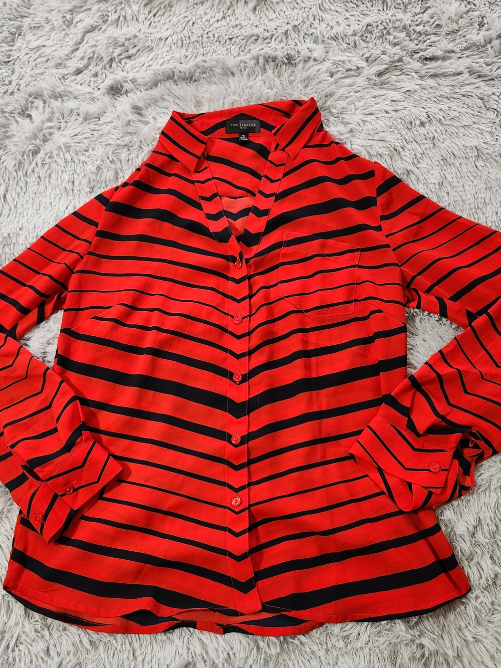 The Limited Red Black Striped Long Sleeve Button Up Blouse